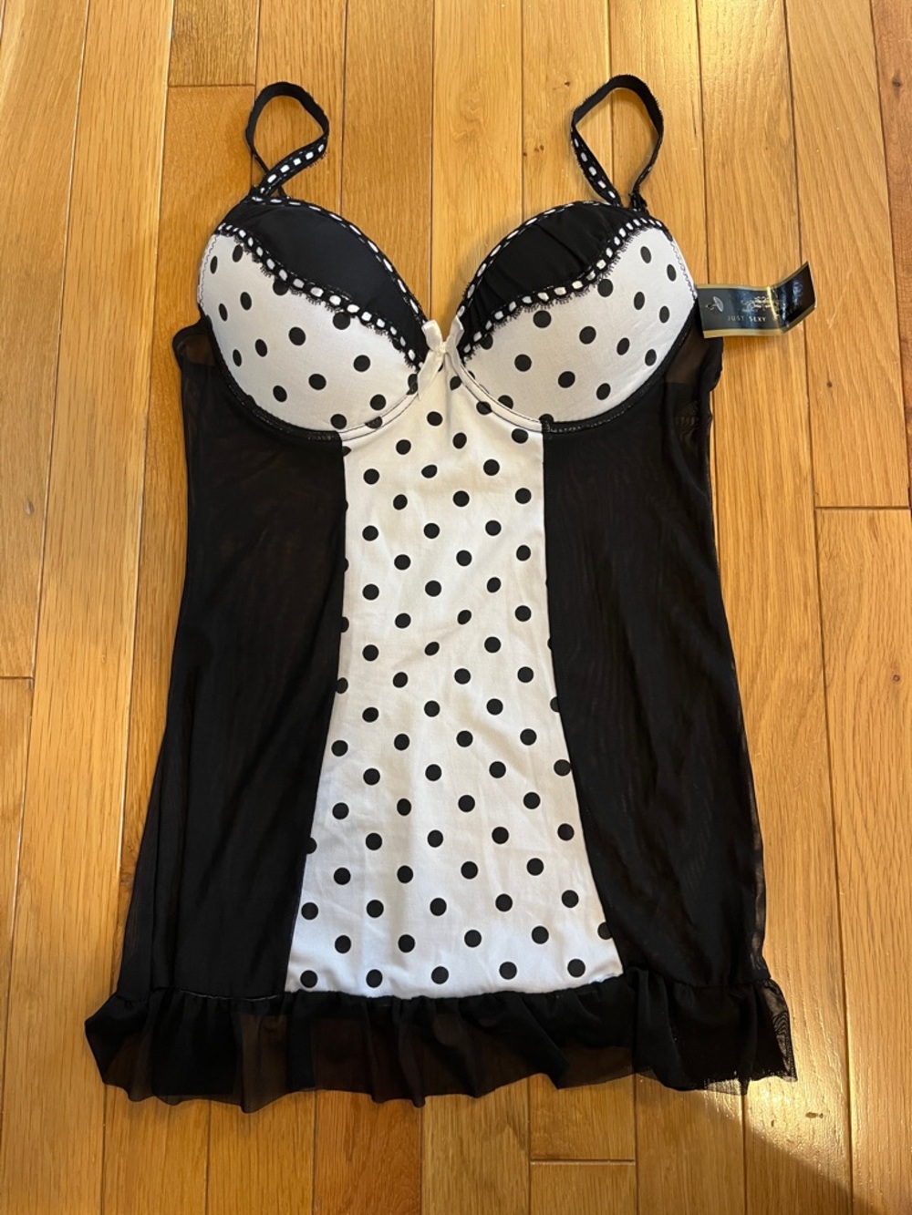 NWT Black and White polka dot babydoll top lingerie and g-string thong